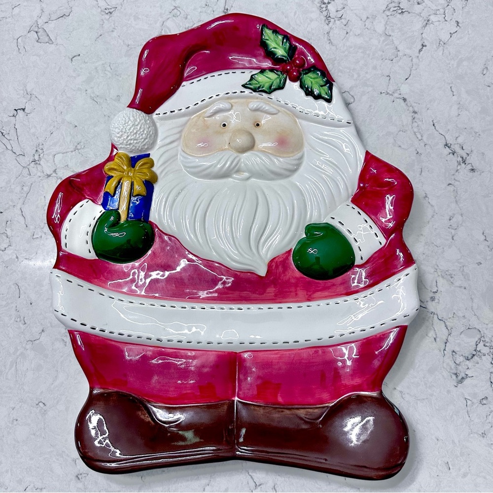 Hand Painted Santa Full Body Serving Platter Tray Plate Christmas Cute Round